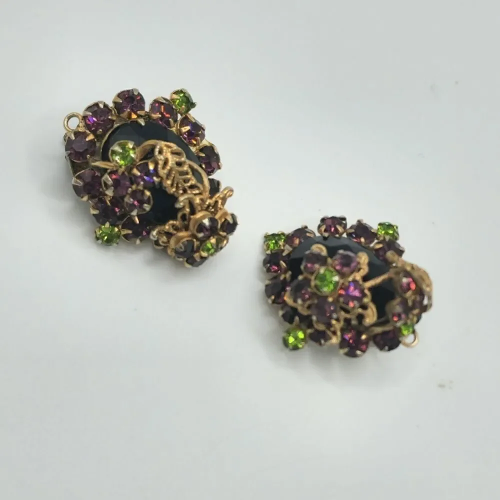 Vintage Gold Peridot Amethyst floral fillagree clip on earrings